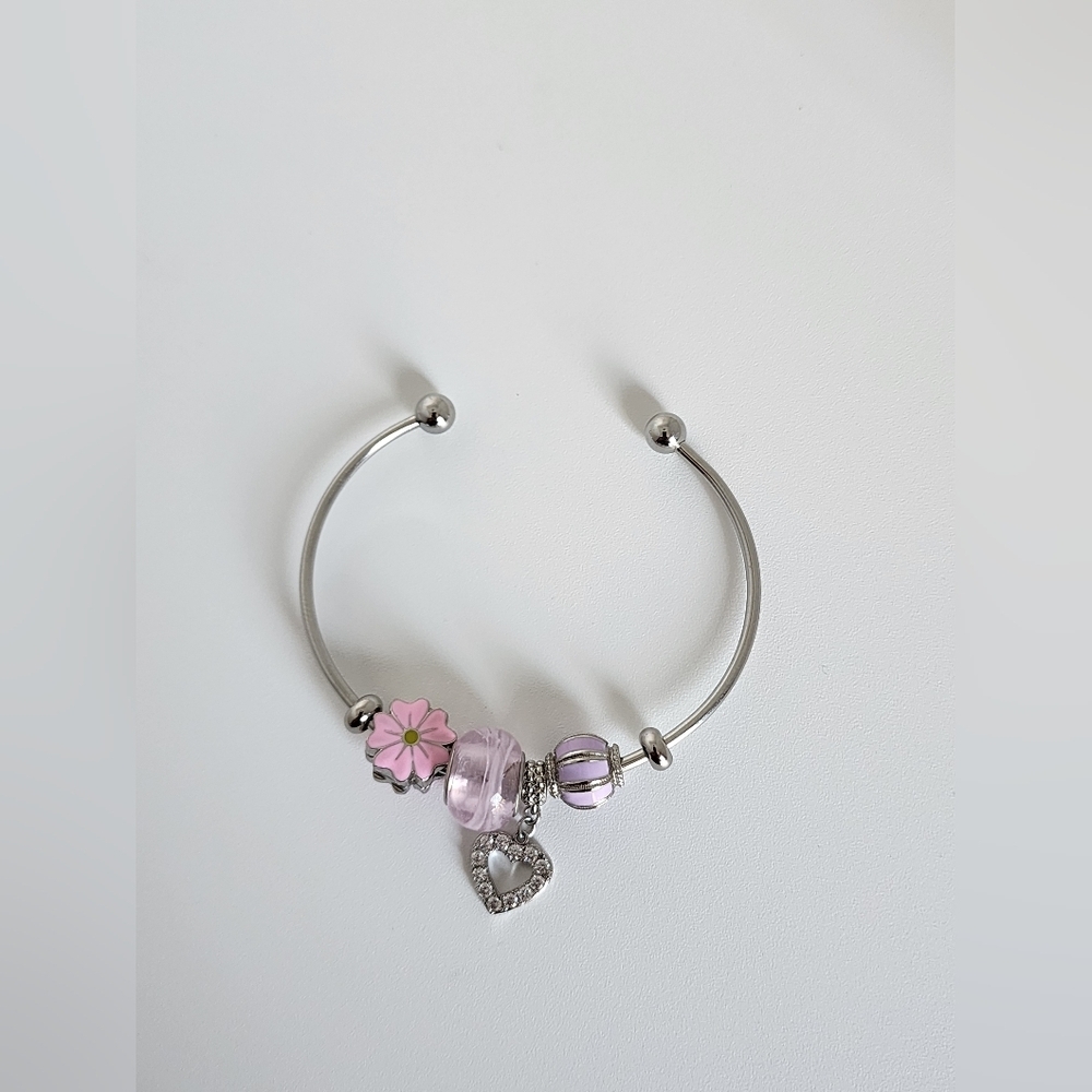 Silver Color Gold Plated Charm Bracelet Pink Crystal Beads Heart Charm Adjustabl - Picture 2 of 6